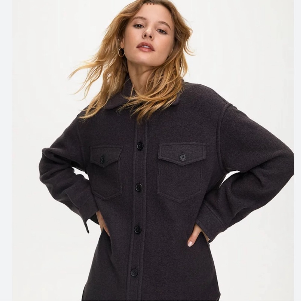 Womens Dark Charcoal Button-Front Wool Shacket